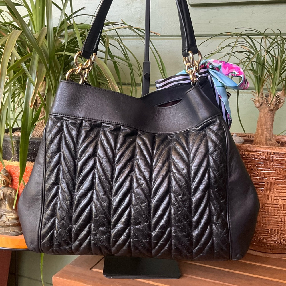 Coach Lexy Quilted Black Leather Handbag Chevron Design
